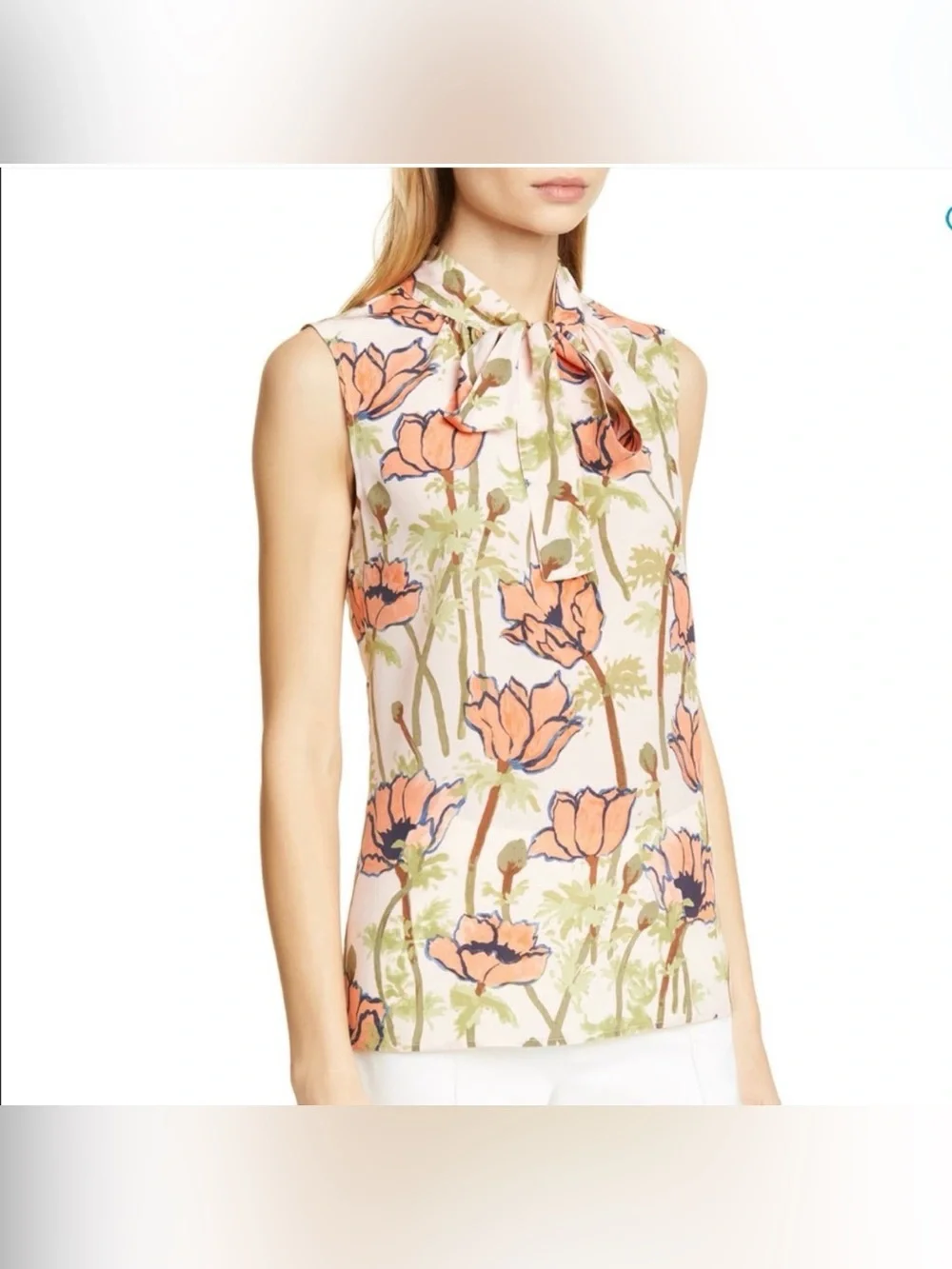 Tory Burch Silk Floral Tie-Neck Sleeveless Blouse in Poppy Print